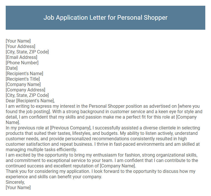 Job Application Letter for Personal Shopper