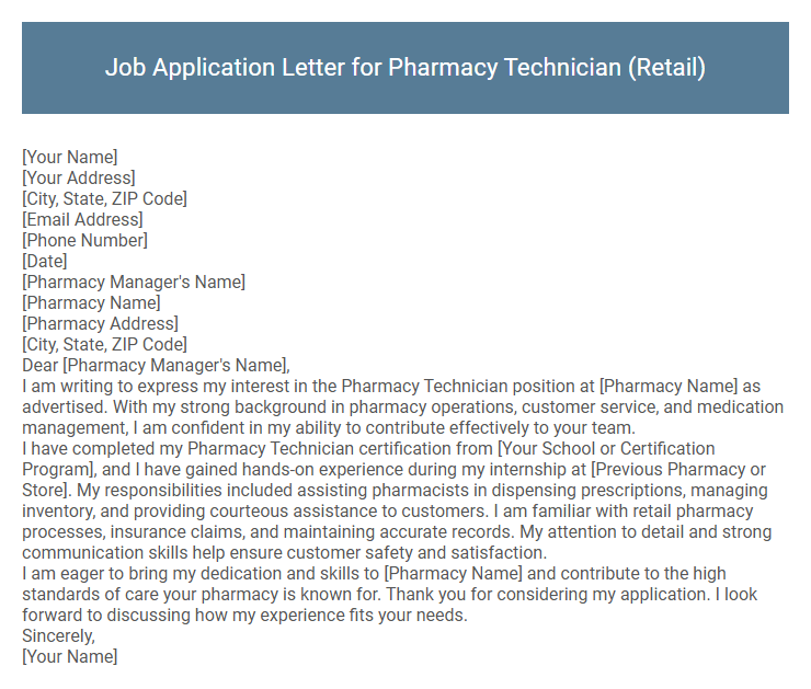 Job Application Letter for Pharmacy Technician (Retail)