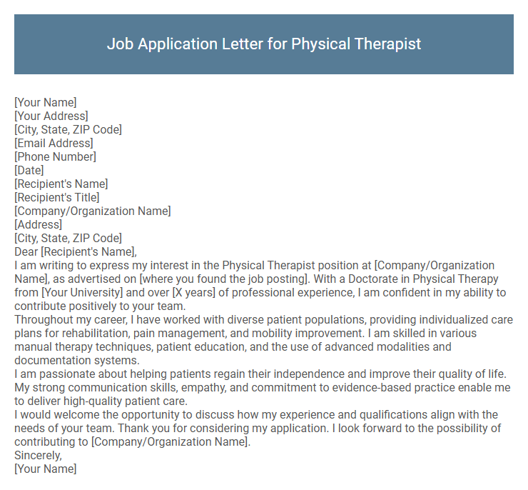 Job Application Letter for Physical Therapist