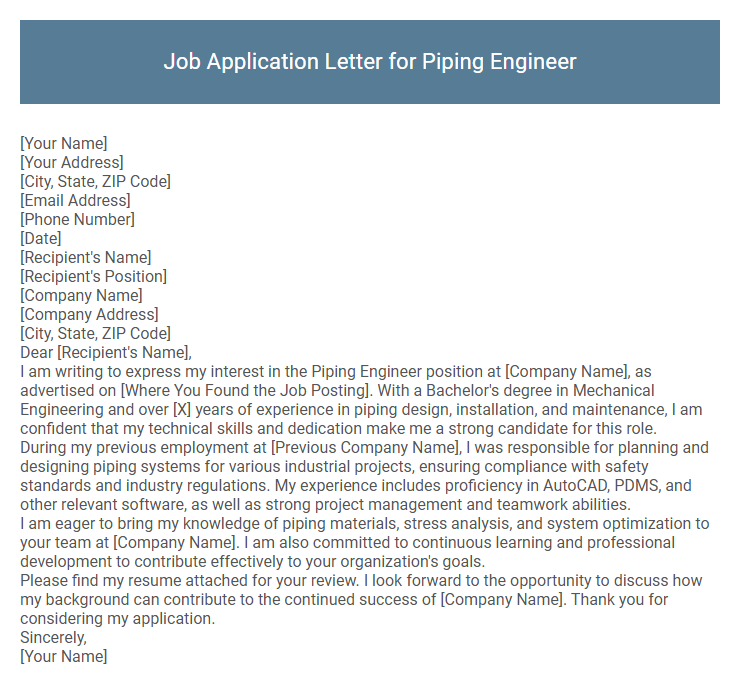 Job Application Letter for Piping Engineer