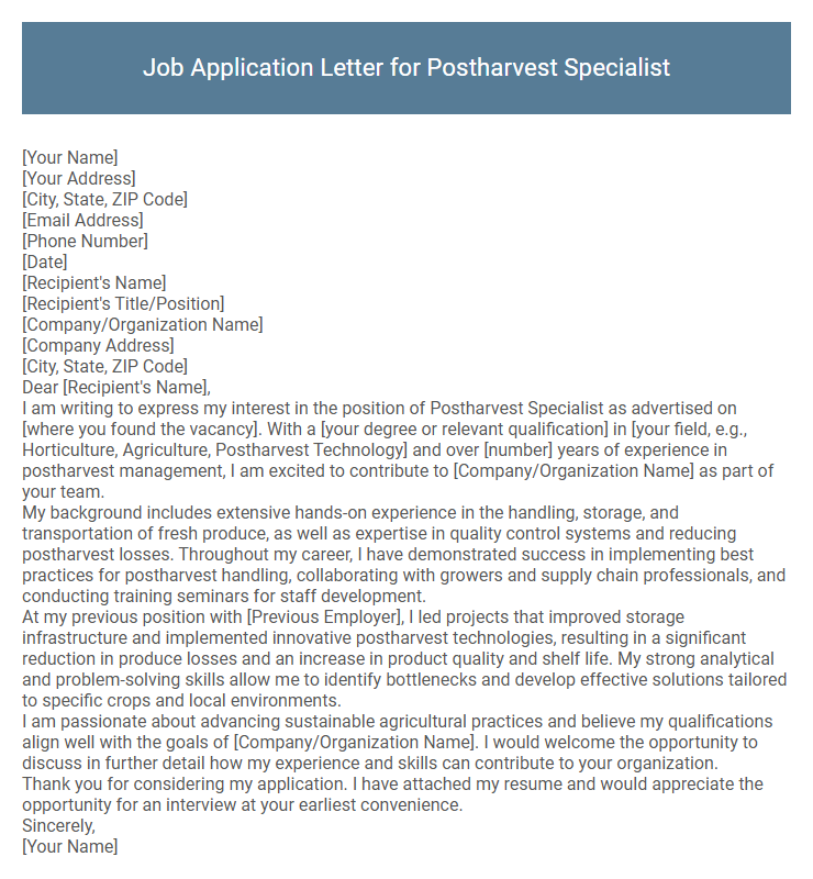 Job Application Letter for Postharvest Specialist
