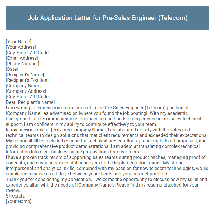 Job Application Letter for Pre-Sales Engineer (Telecom)