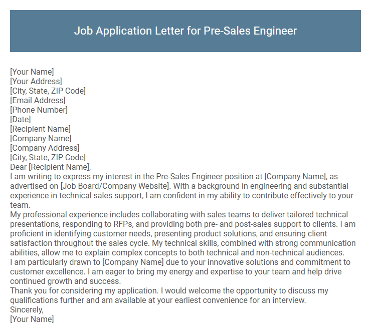 Job Application Letter for Pre-Sales Engineer
