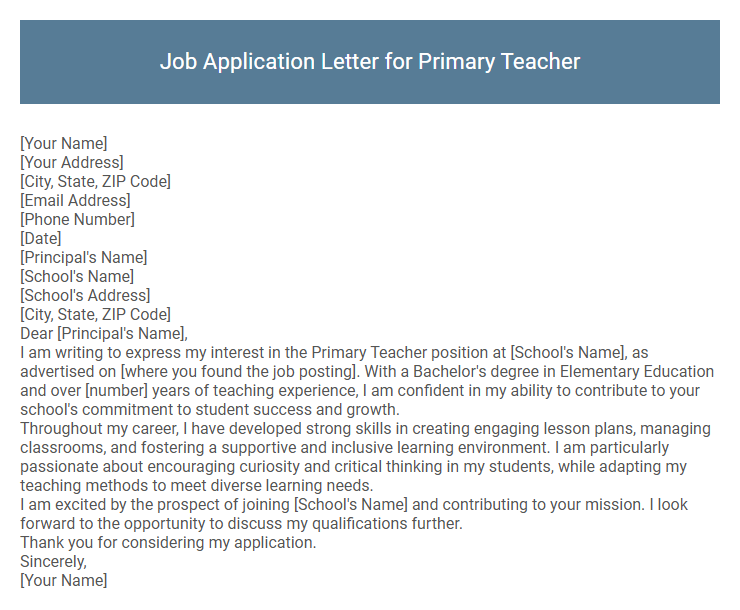 Job Application Letter for Primary Teacher