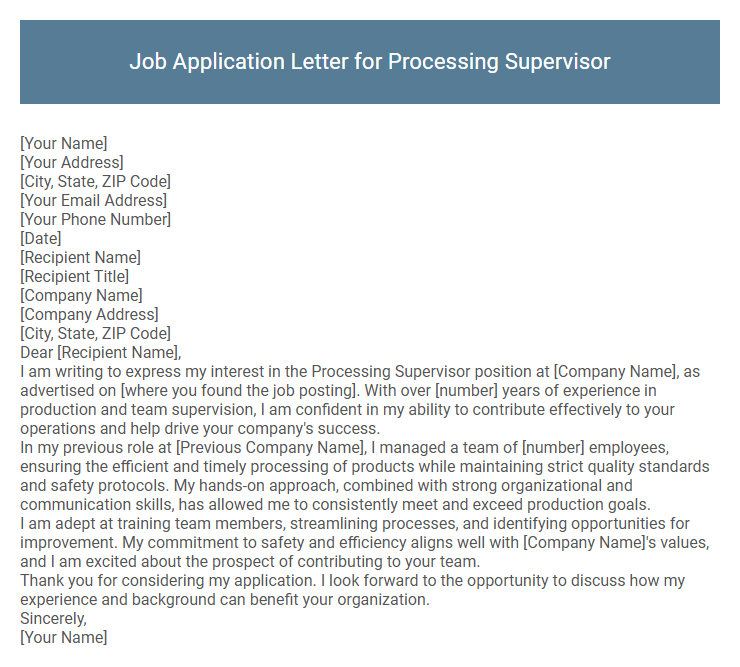 Job Application Letter for Processing Supervisor