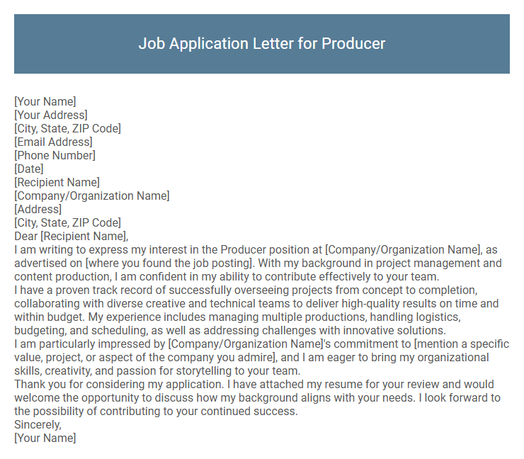 Job Application Letter for Producer