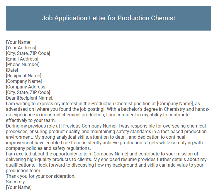 Job Application Letter for Production Chemist