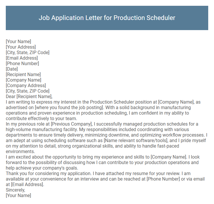 Job Application Letter for Production Scheduler