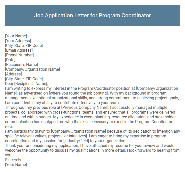 Job Application Letter for Program Coordinator