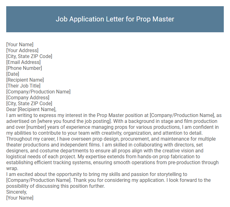 Job Application Letter for Prop Master