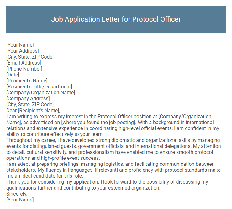 Job Application Letter for Protocol Officer