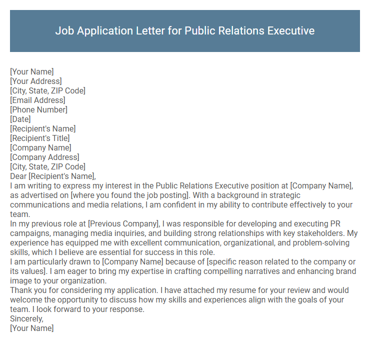 Job Application Letter for Public Relations Executive