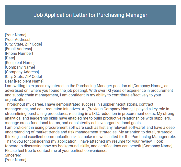 Job Application Letter for Purchasing Manager