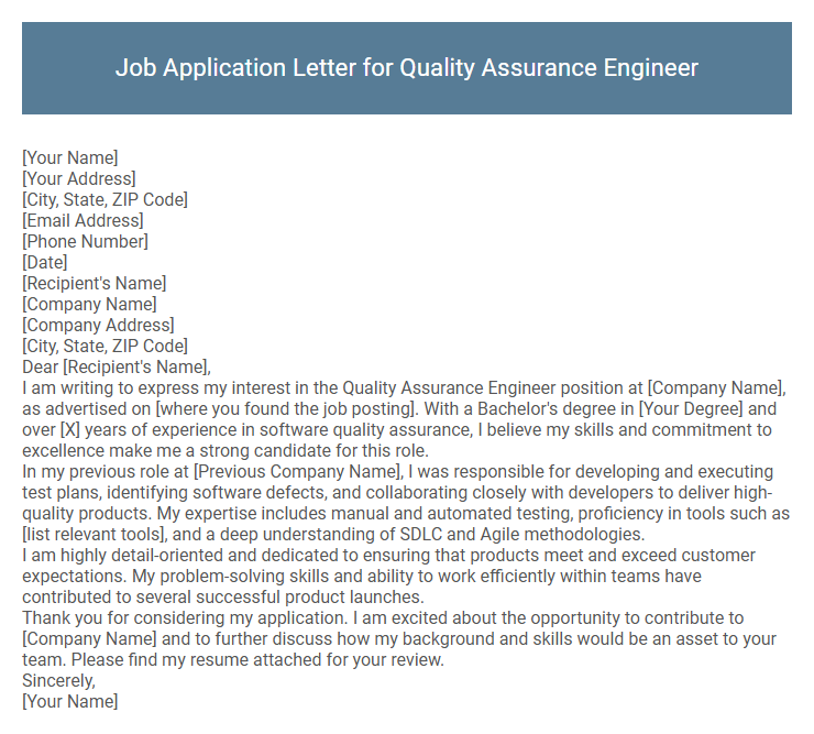 Job Application Letter for Quality Assurance Engineer