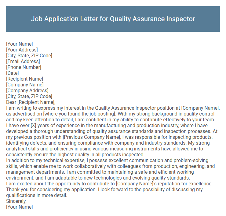 Job Application Letter for Quality Assurance Inspector