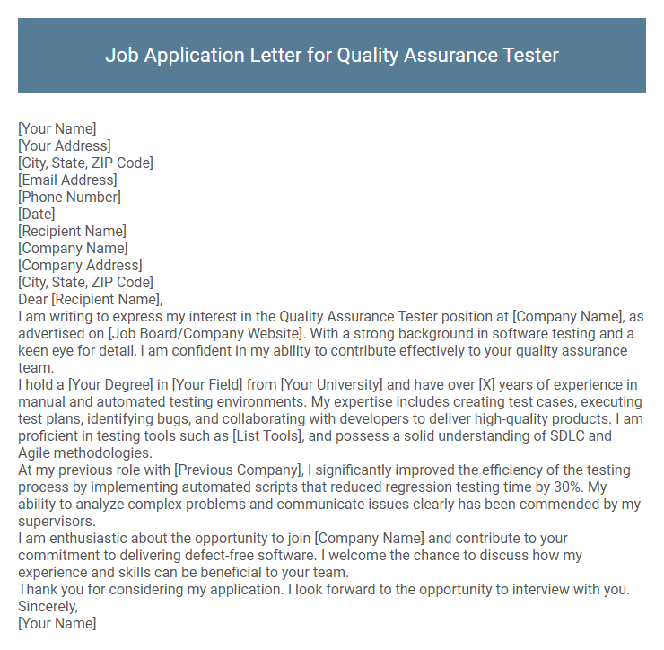 Job Application Letter for Quality Assurance Tester