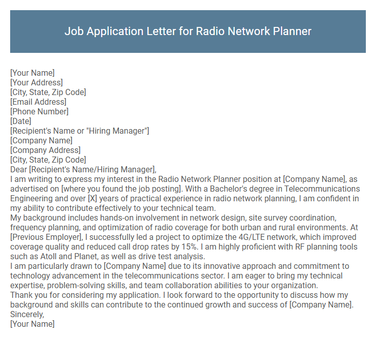 Job Application Letter for Radio Network Planner
