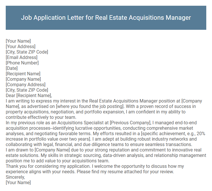 Job Application Letter for Real Estate Acquisitions Manager