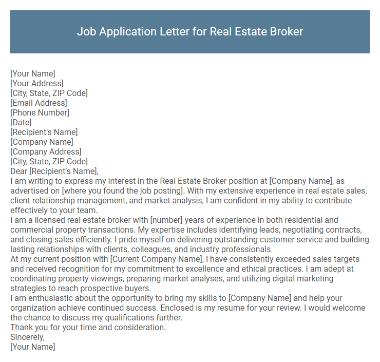 Job Application Letter for Real Estate Broker