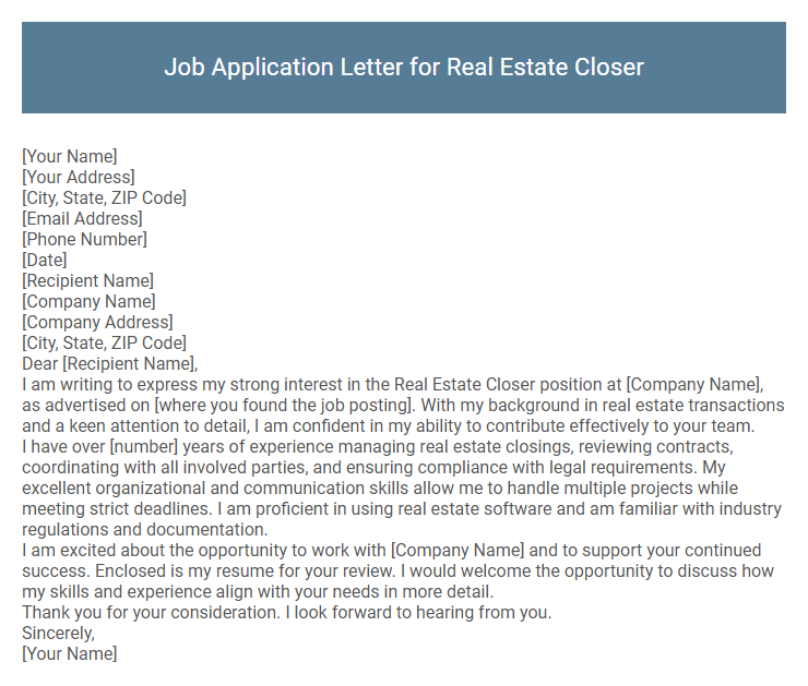 Job Application Letter for Real Estate Closer