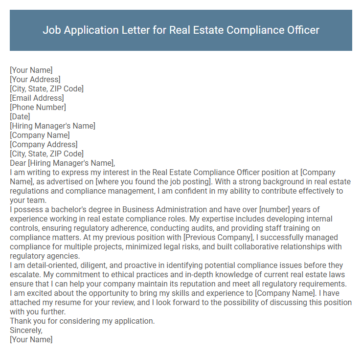Job Application Letter for Real Estate Compliance Officer
