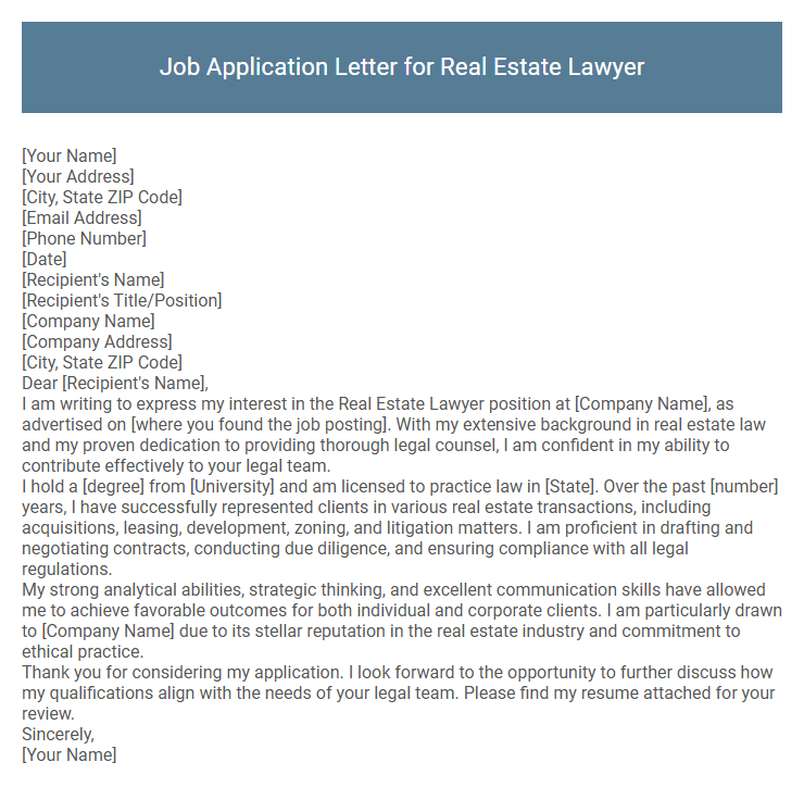Job Application Letter for Real Estate Lawyer