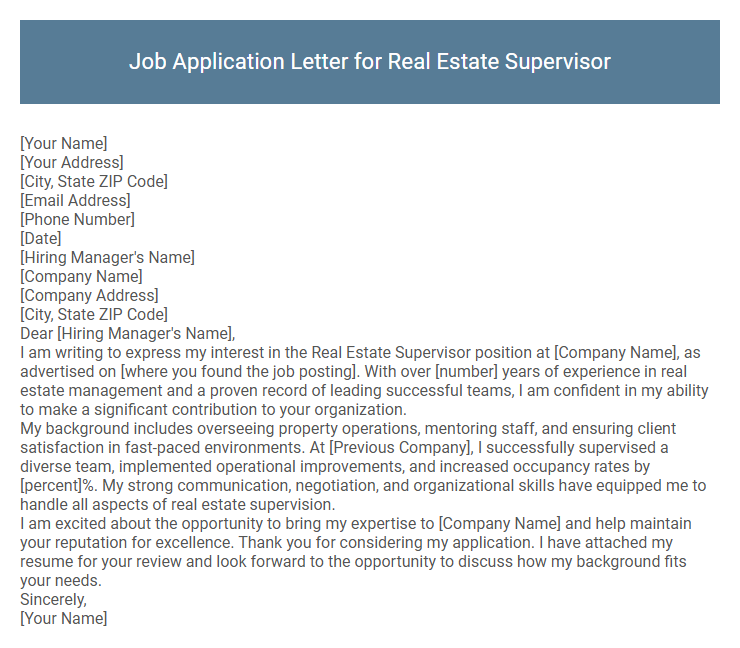 Job Application Letter for Real Estate Supervisor