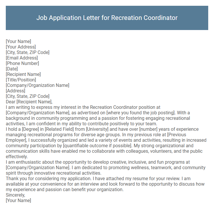 Job Application Letter for Recreation Coordinator