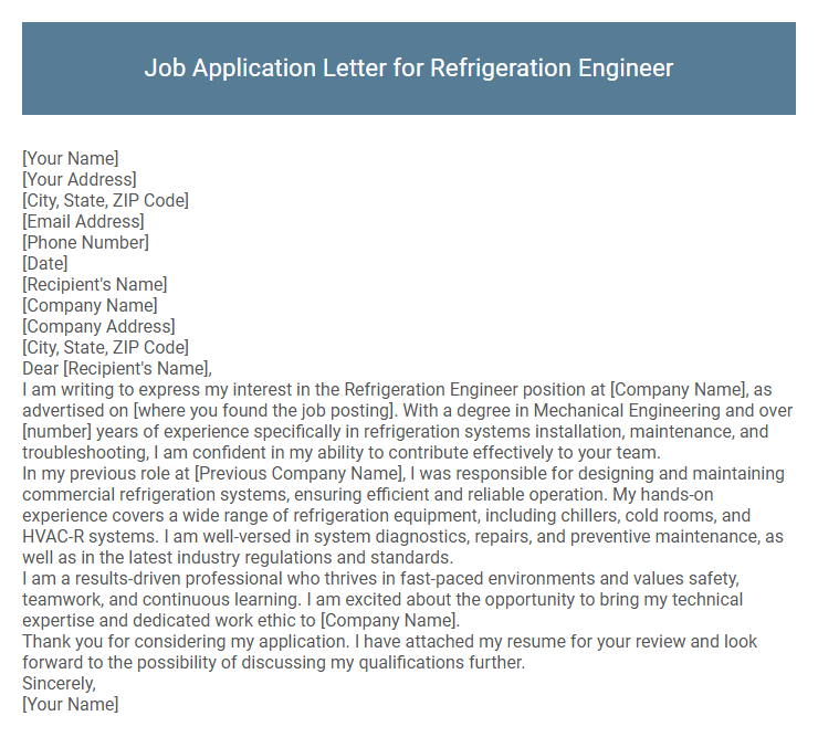 Job Application Letter for Refrigeration Engineer