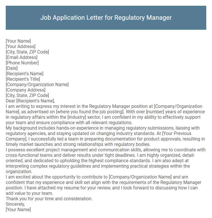 Job Application Letter for Regulatory Manager