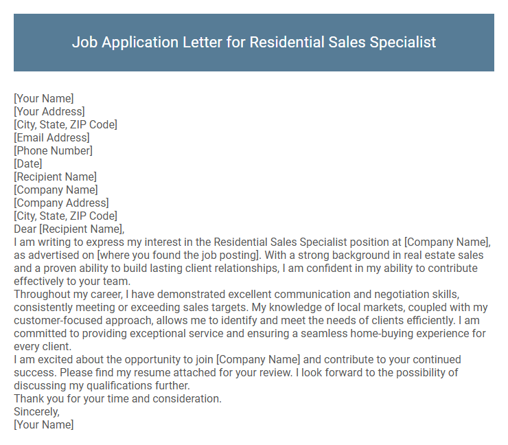 Job Application Letter for Residential Sales Specialist