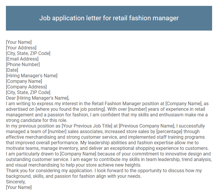 Job application letter for retail fashion manager