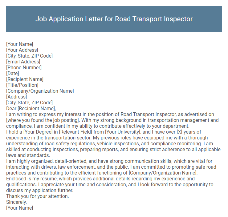 Job Application Letter for Road Transport Inspector