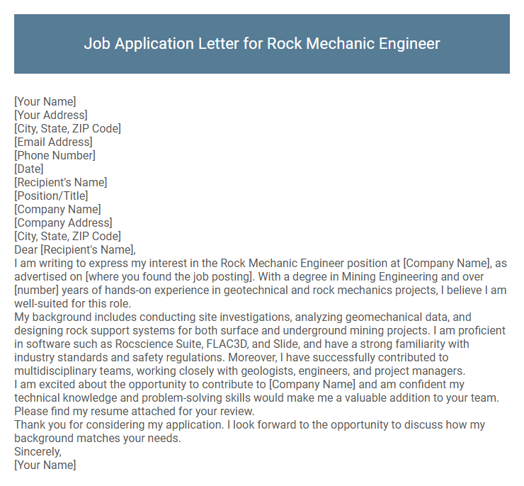 Job Application Letter for Rock Mechanic Engineer