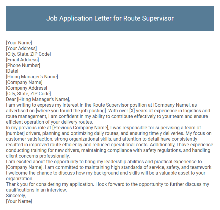 Job Application Letter for Route Supervisor