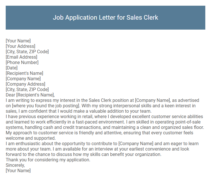 Job Application Letter for Sales Clerk