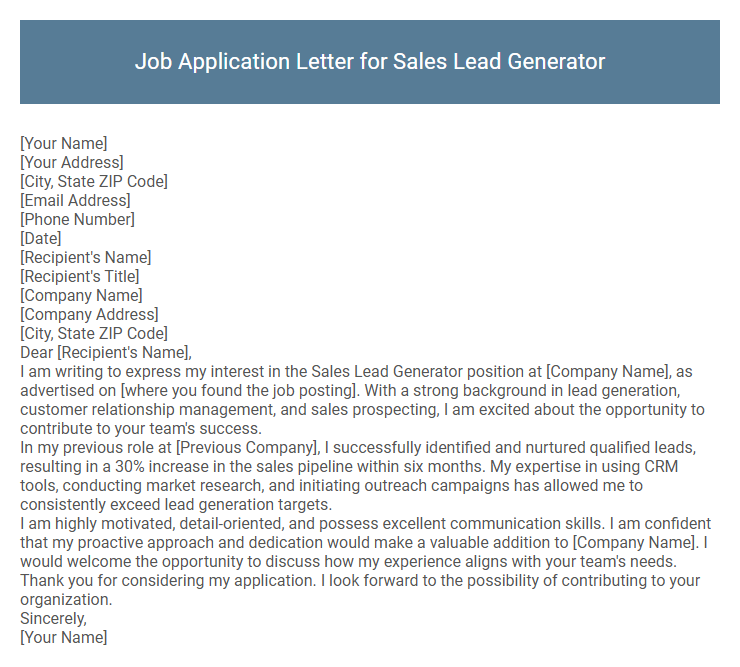 Job Application Letter for Sales Lead Generator
