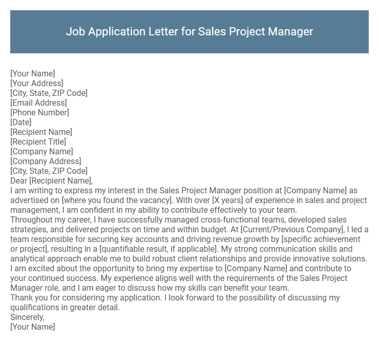 Job Application Letter for Sales Project Manager