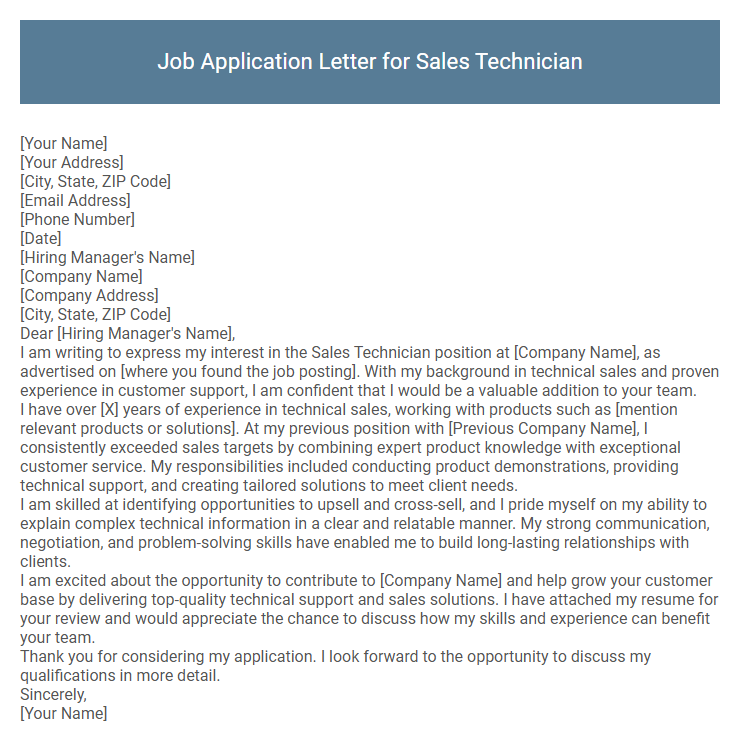 Job Application Letter for Sales Technician