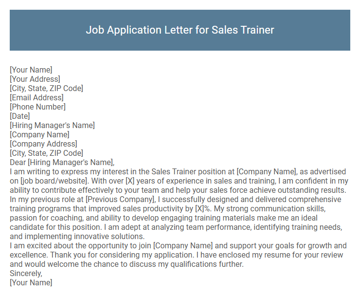Job Application Letter for Sales Trainer