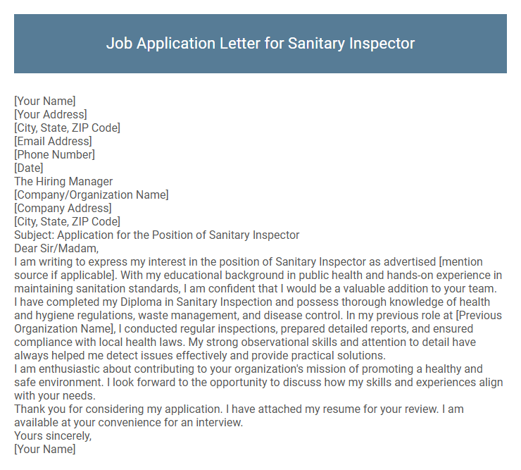 Job Application Letter for Sanitary Inspector