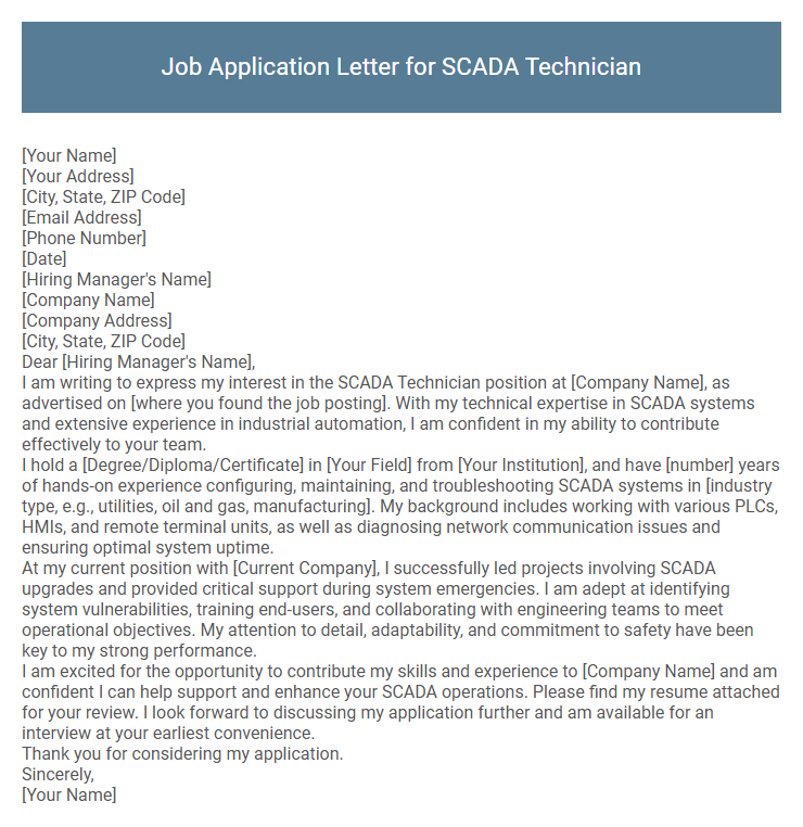 Job Application Letter for SCADA Technician