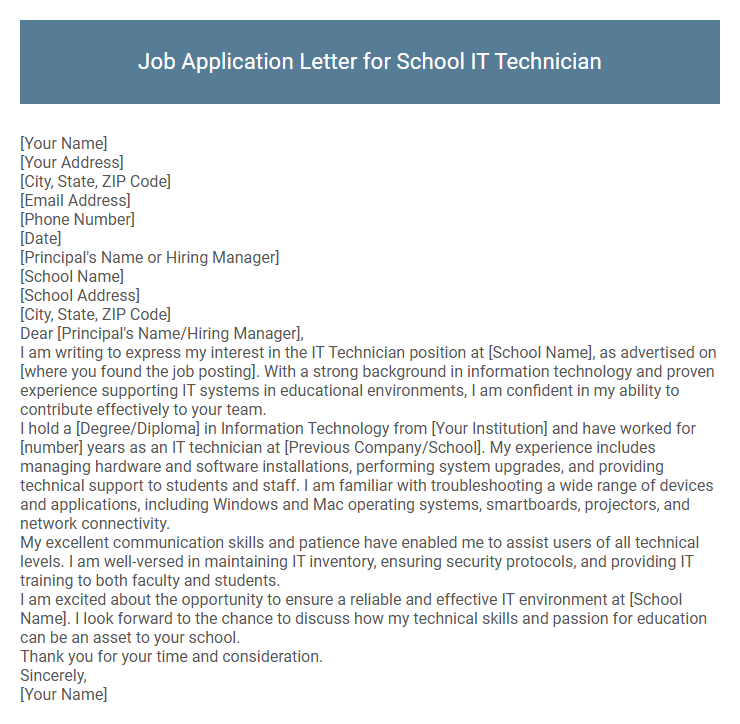 Job Application Letter for School IT Technician