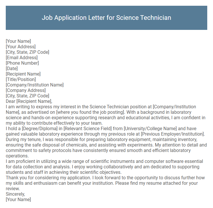 Job Application Letter for Science Technician
