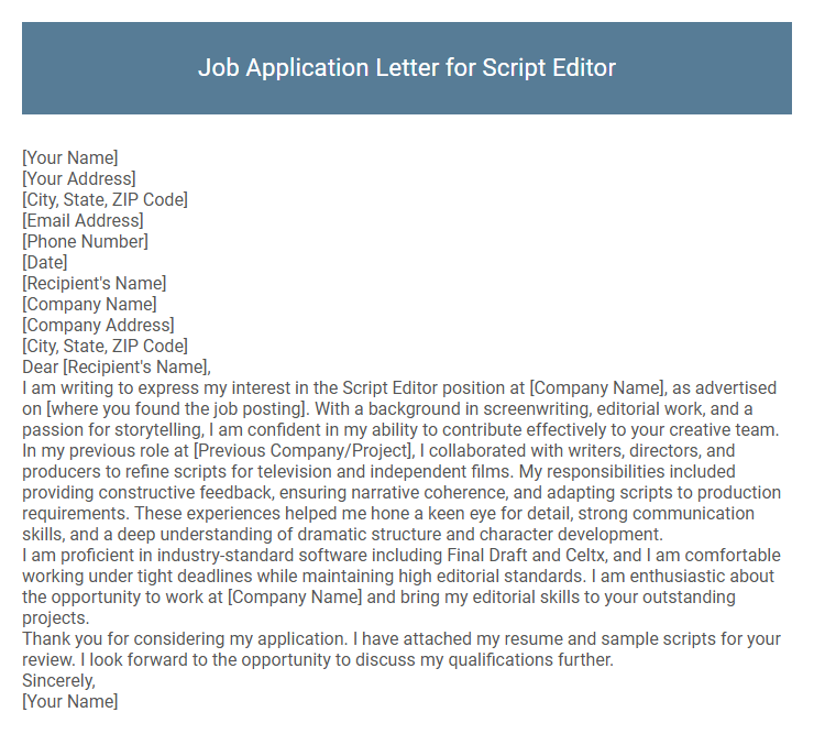 Job Application Letter for Script Editor