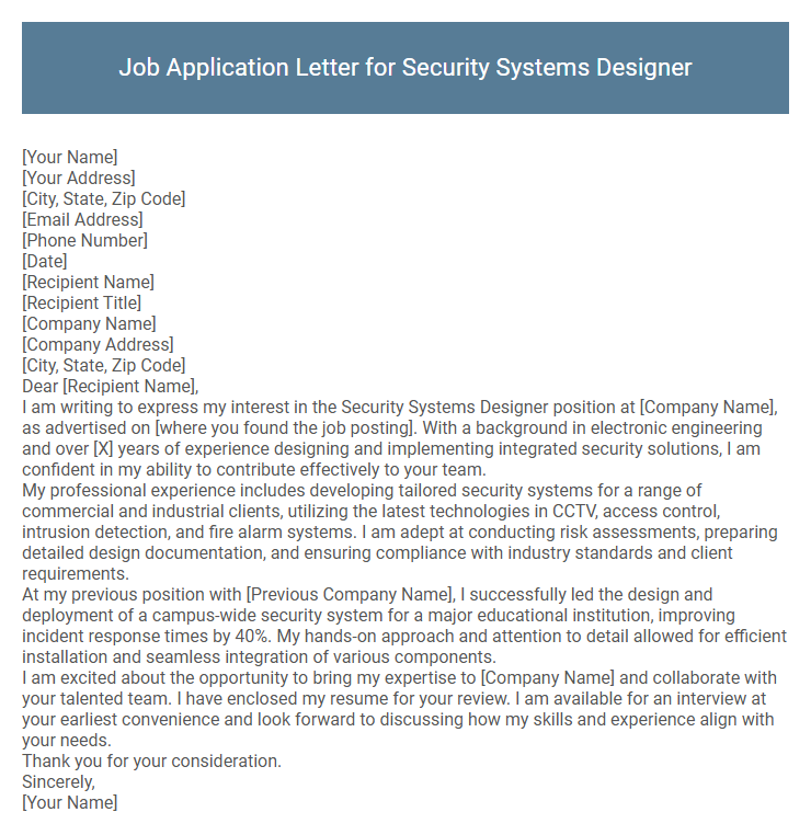Job Application Letter for Security Systems Designer