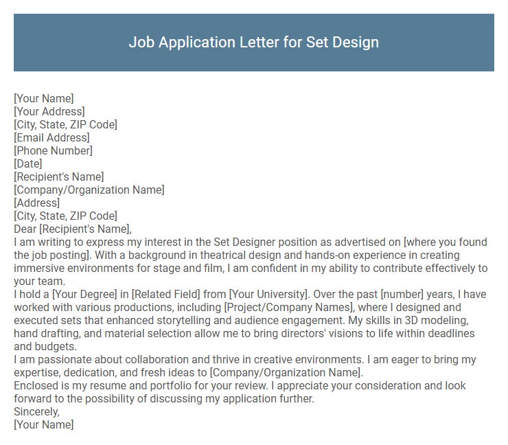 Job Application Letter for Set Design
