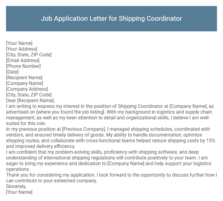Job Application Letter for Shipping Coordinator