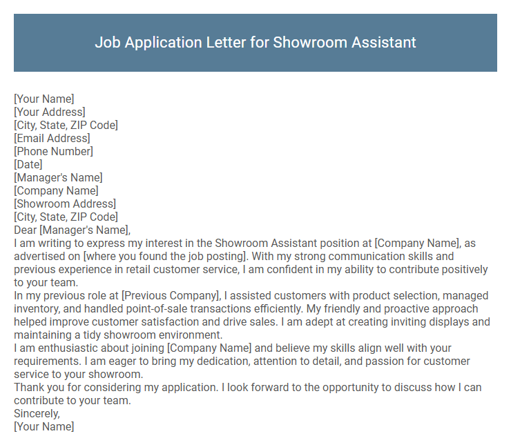 Job Application Letter for Showroom Assistant
