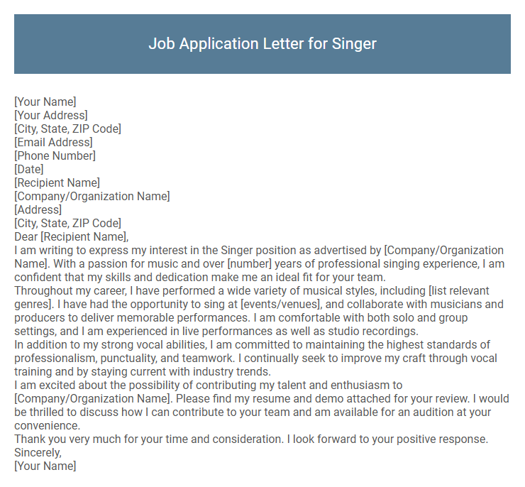 Job Application Letter for Singer